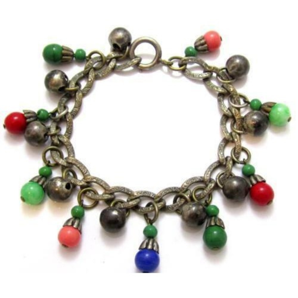 Vintage Chased Silver Art Glass Charm Bracelet Old Unsigned Miriam Haskell‎